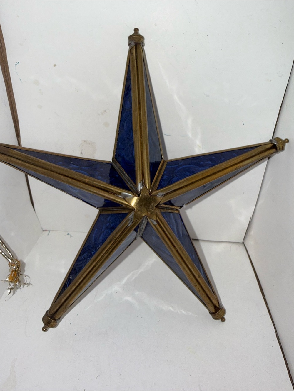 Decorative Blue Glass Star Hanging Ornament - Brass Accents